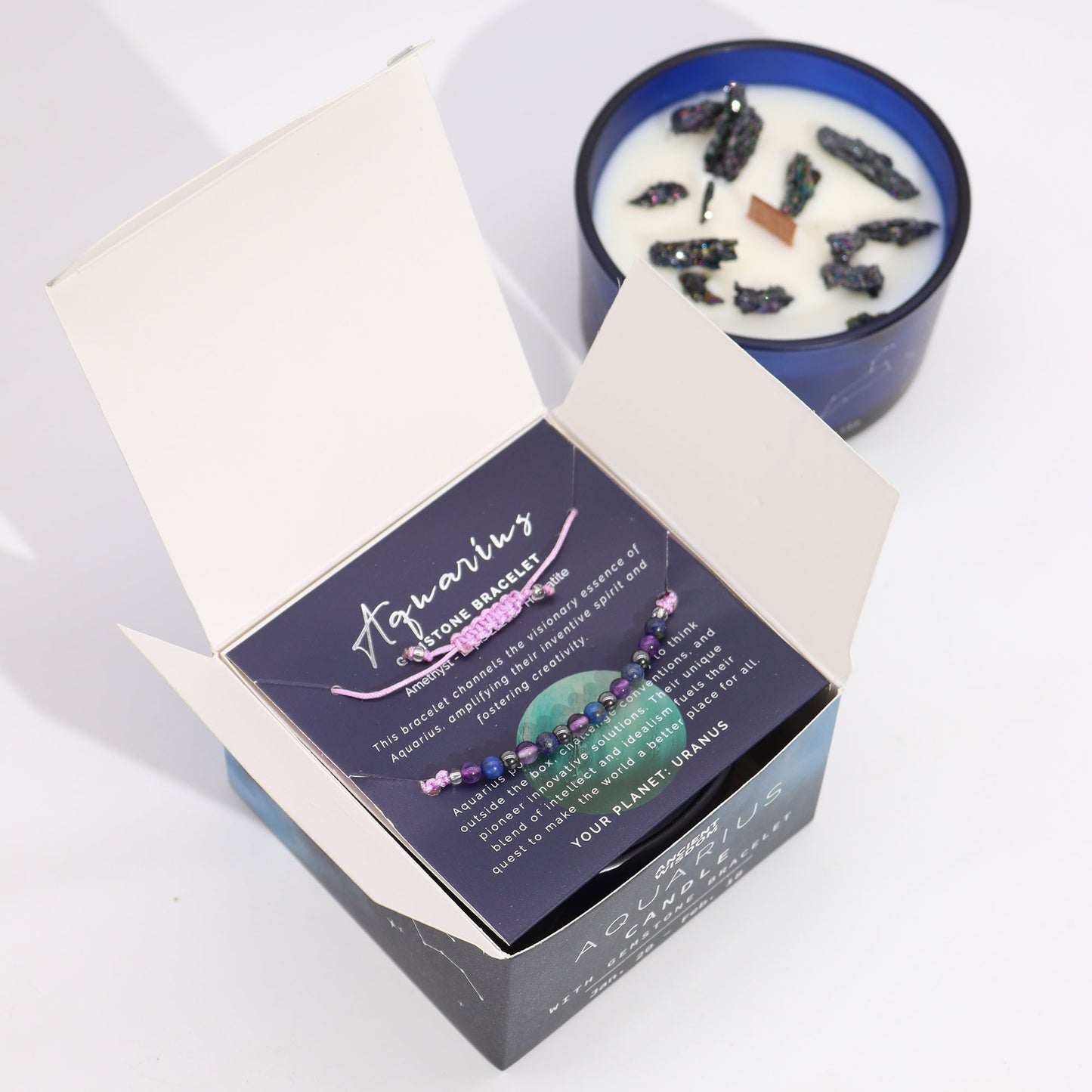 Vela de Cristal del Zodiaco con Pulsera de Piedras Preciosas Signo Aquario