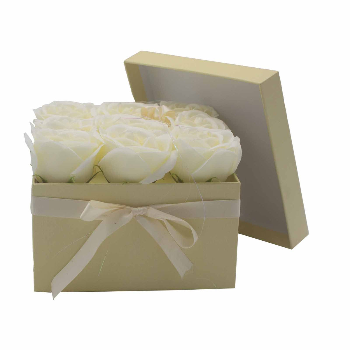 Caja de Regalo Flores de Jabón - 9 Rosas Crema - Cuadrada