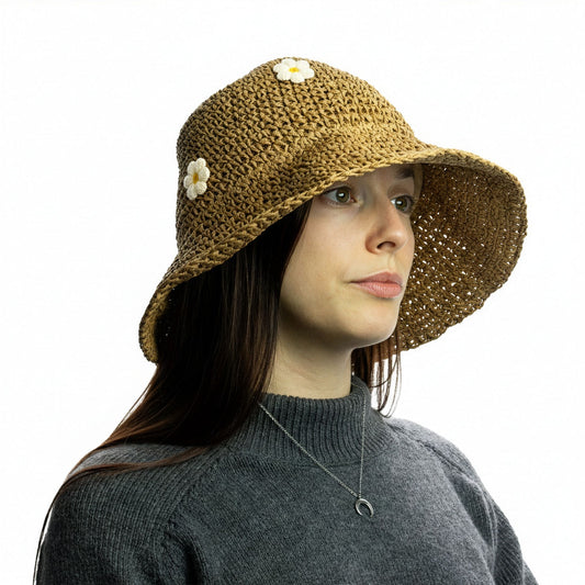 Nomad Sari Sombrero de Paja con Ala Flexible para Sol - Café y Daiseys