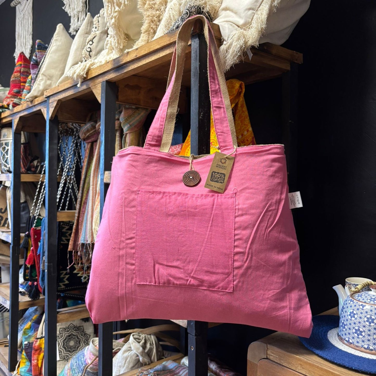 Bolso Grande Reversible de Yute y Algodón Rosa