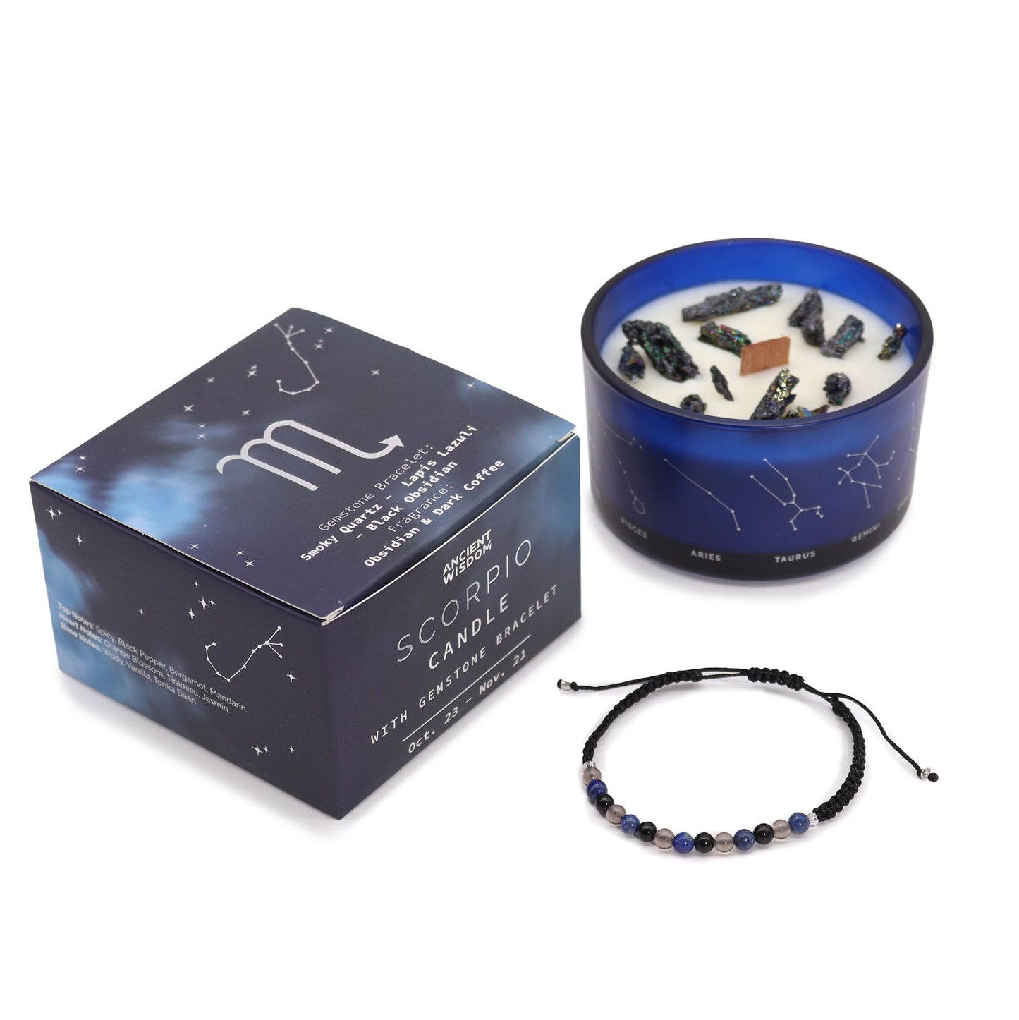 Vela de Cristal del Zodiaco con Pulsera de Piedras Preciosas - Signo Escorpio