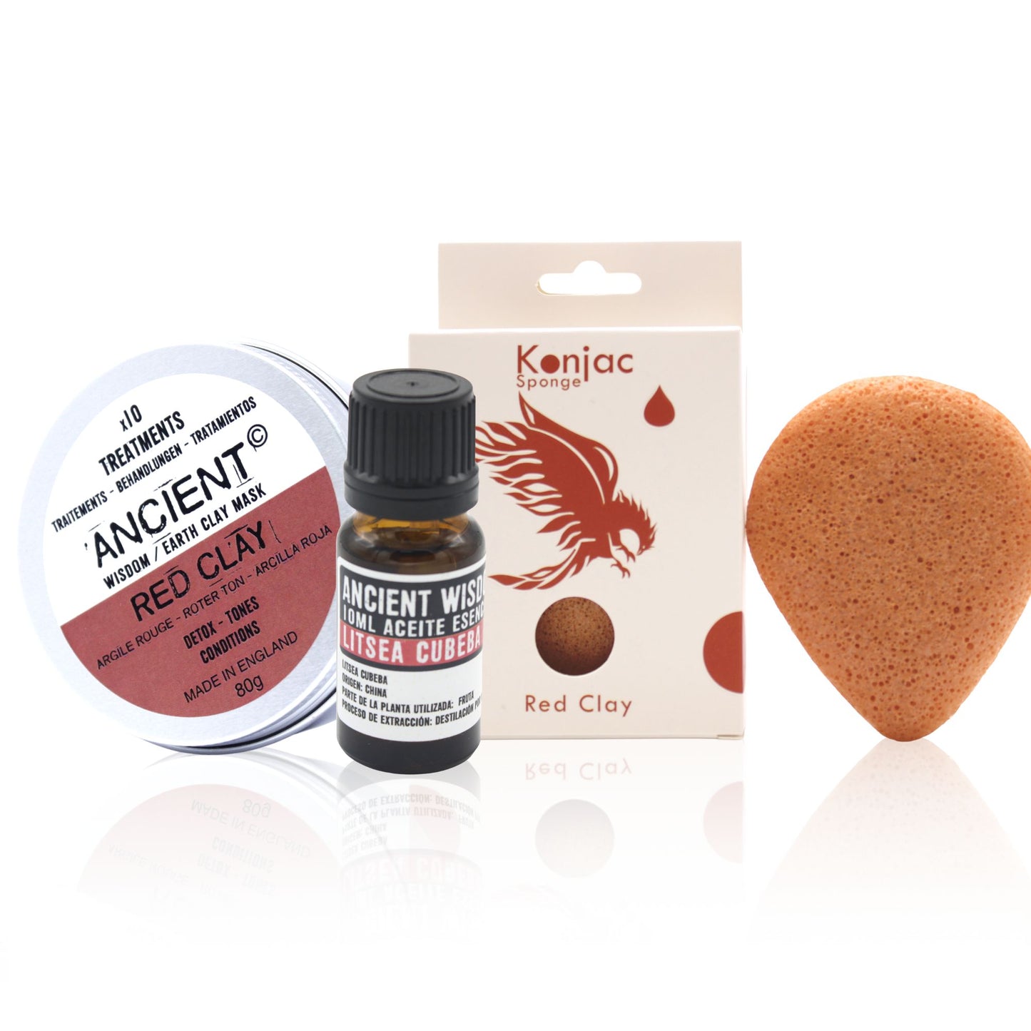 Pack Ritual Facial Natural / Esponja Konjac, Arcilla Roja y Aceite Esencial Litsea Cubeba