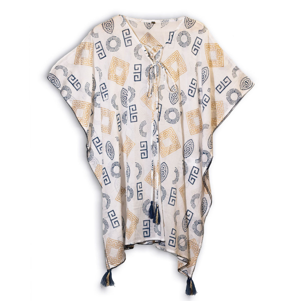 Colección Nómada Sari Mediterráneo - Kaftan - Motivo Griego en Oro y Azul - Pintado a Mano