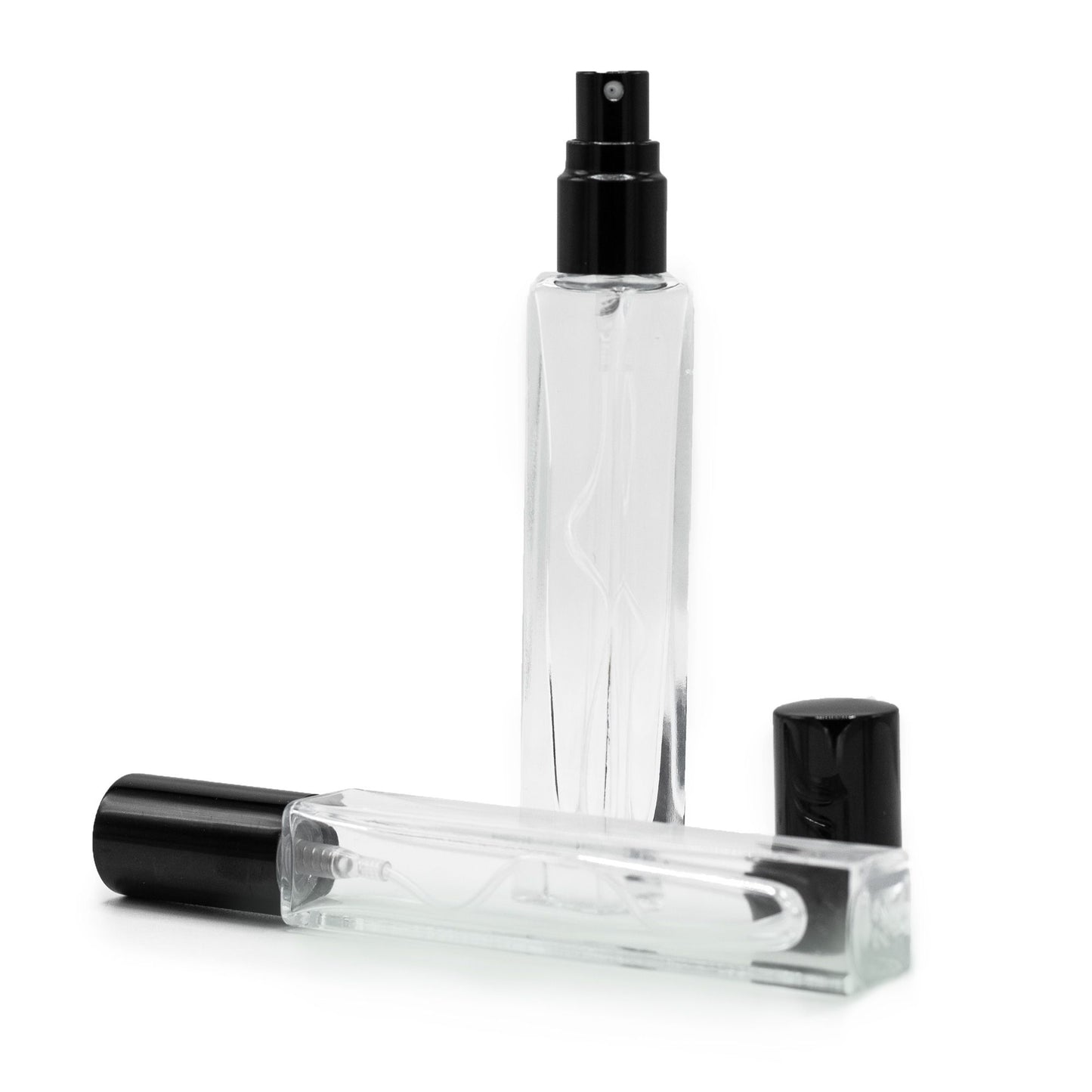 Botella cuadrada alta y delgada de 10 ml, spray y tapa negro