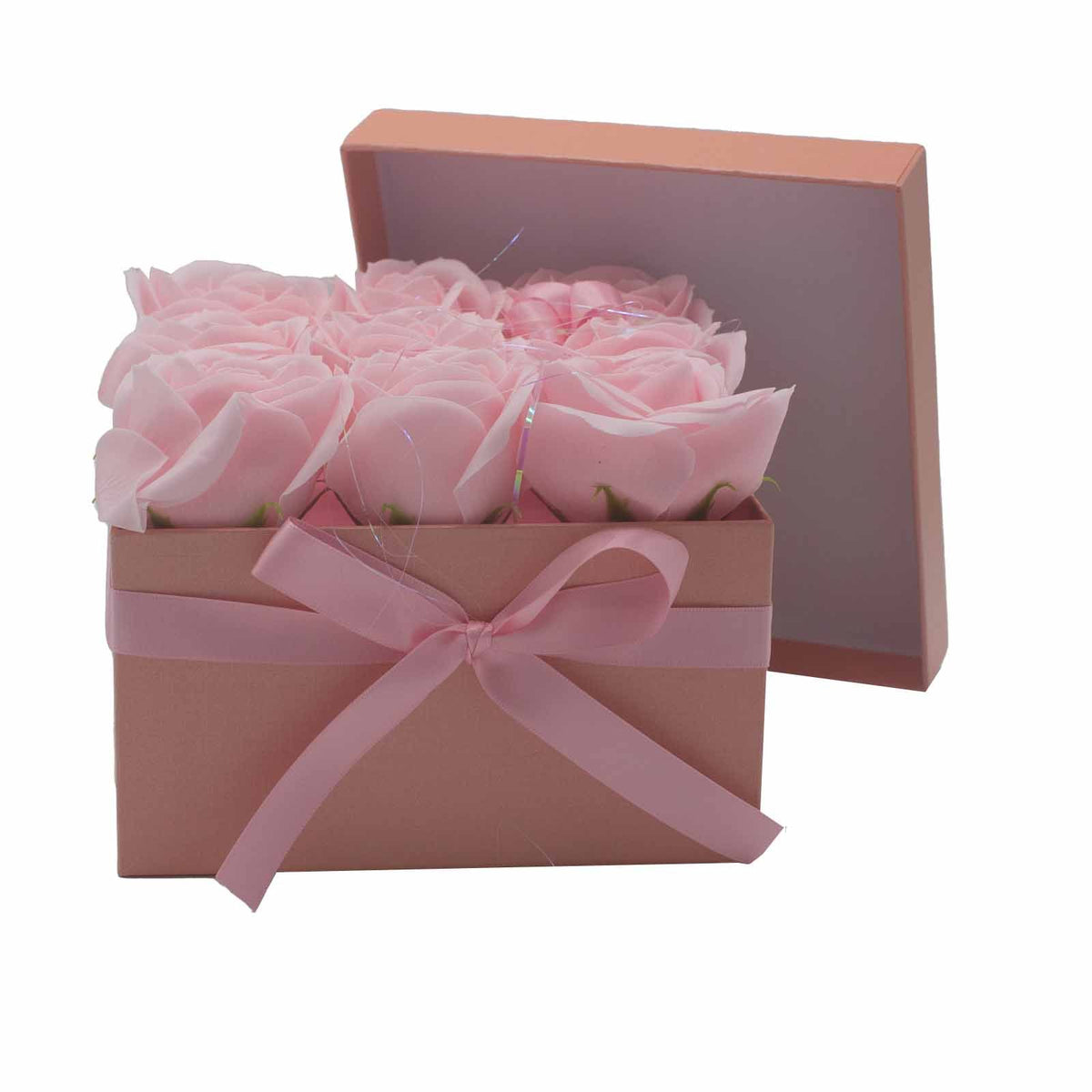 Caja de Regalo Flores de Jabón - 9 Rosas Rosas - Cuadrada