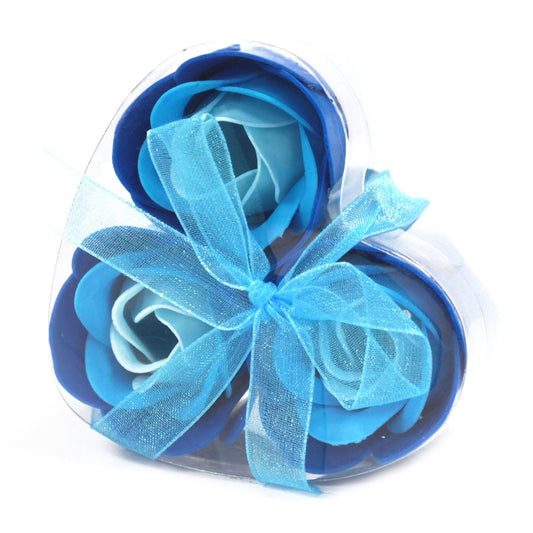 Set de 3 Flores de Jabónde Rosas Azules en Caja de Corazón