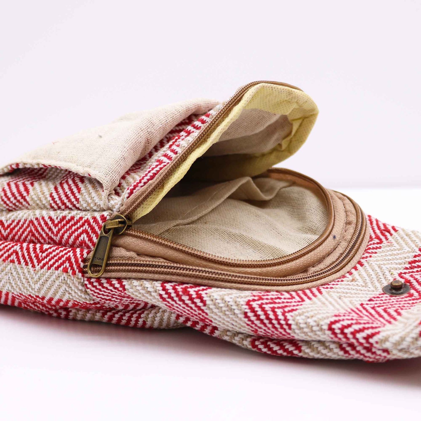 Bolso Bandolera de Algodon Natural con Compartimiento Marron Claro y Rosa