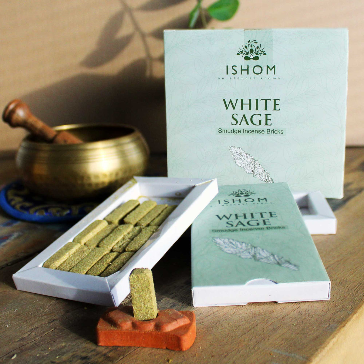 Pack de 15 Ladrillos de Incienso Natural con Quemador – Salvia Blanca