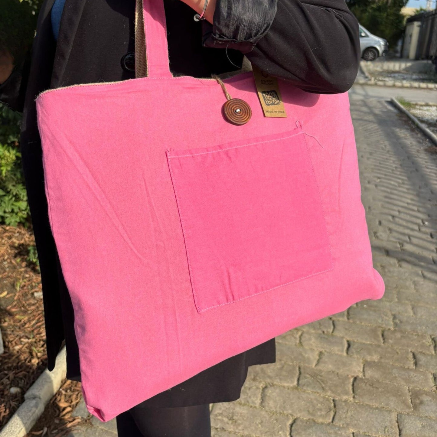 Bolso Grande Reversible de Yute y Algodón Rosa