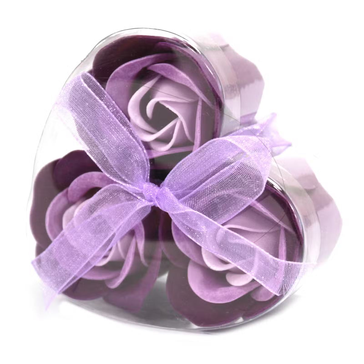 Set de 3 Flores de Jabón en Caja con Forma de Corazón Fragancia a Rosas y Lavanda