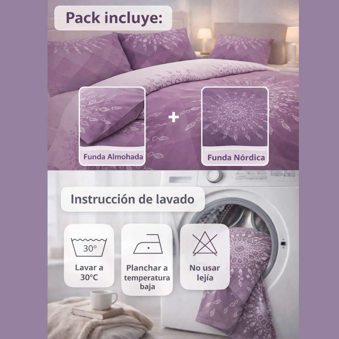 Funda Nórdica Mandala Lavanda 210x220 cm – Cama 135 cm (Incluye 2 Fundas)