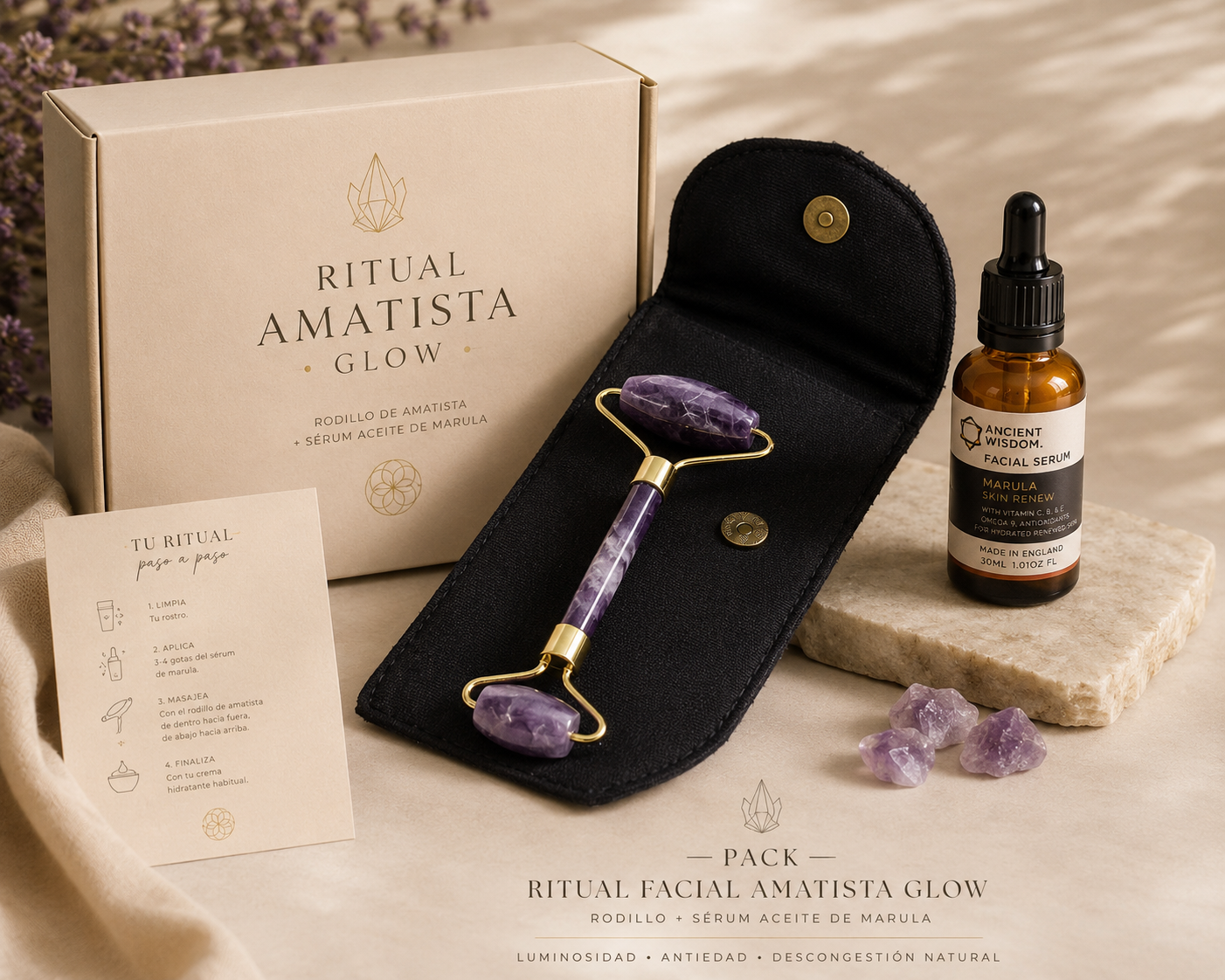 Pack Ritual Facial Amatista Glow · Rodillo + Sérum Aceite de Marula