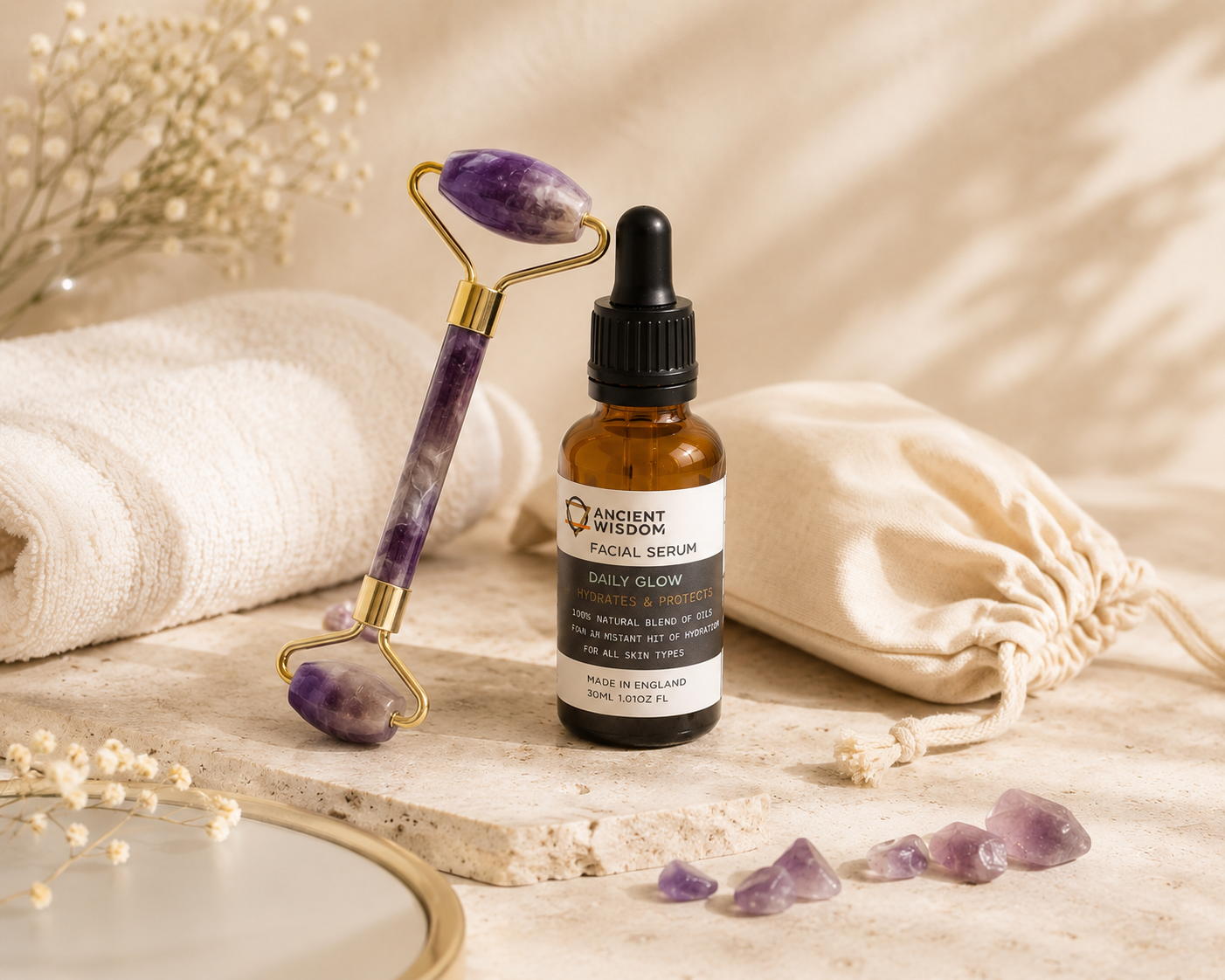 Pack Ritual Facial Amatista Pure · Rodillo + Sérum Brillo Diario