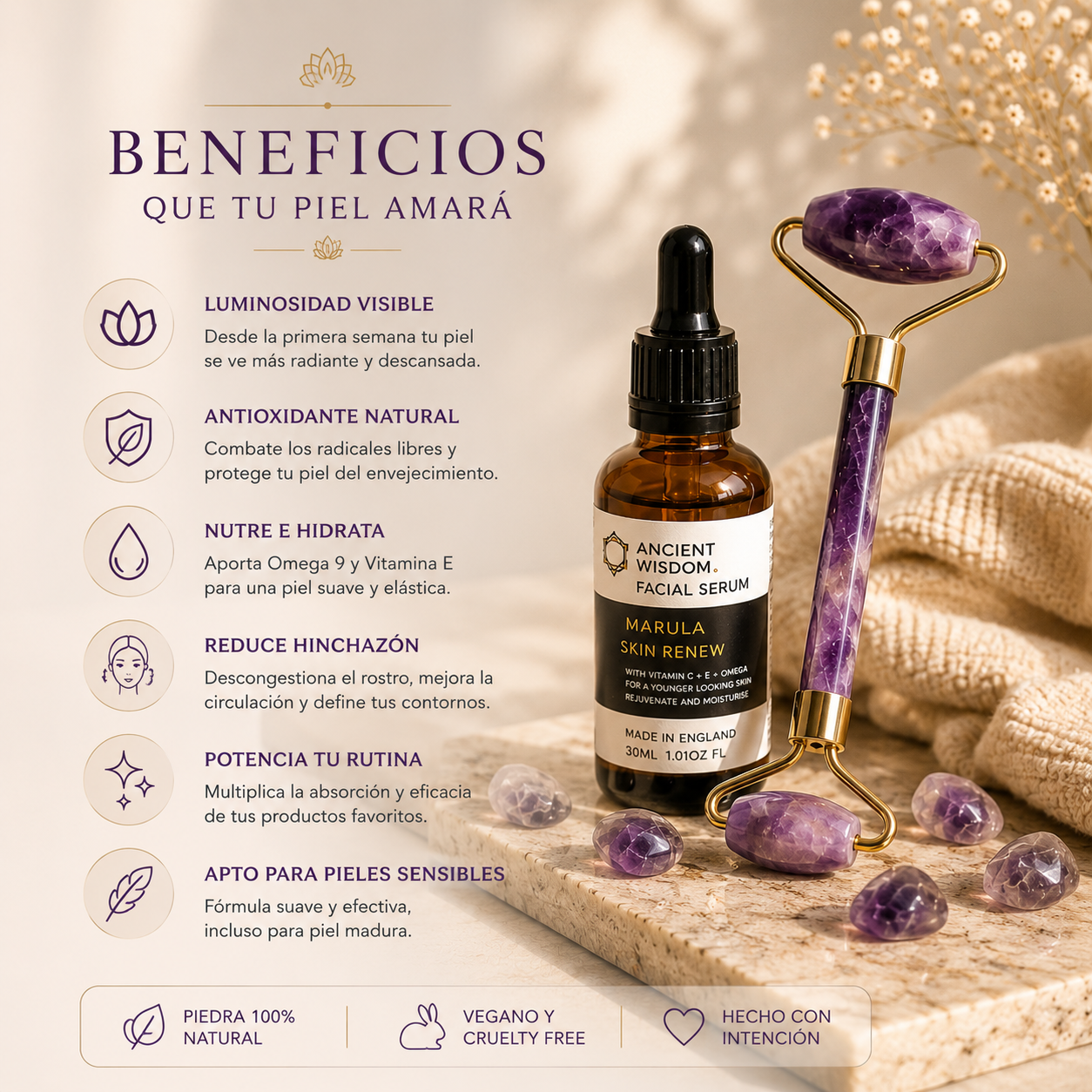 Pack Ritual Facial Amatista Glow · Rodillo + Sérum Aceite de Marula