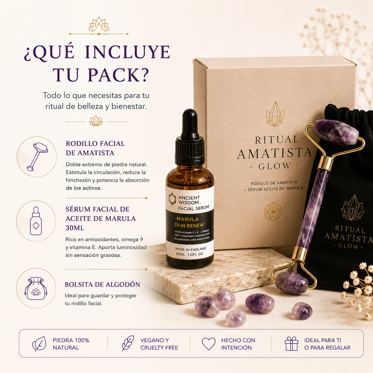 Pack Ritual Facial Amatista Glow · Rodillo + Sérum Aceite de Marula