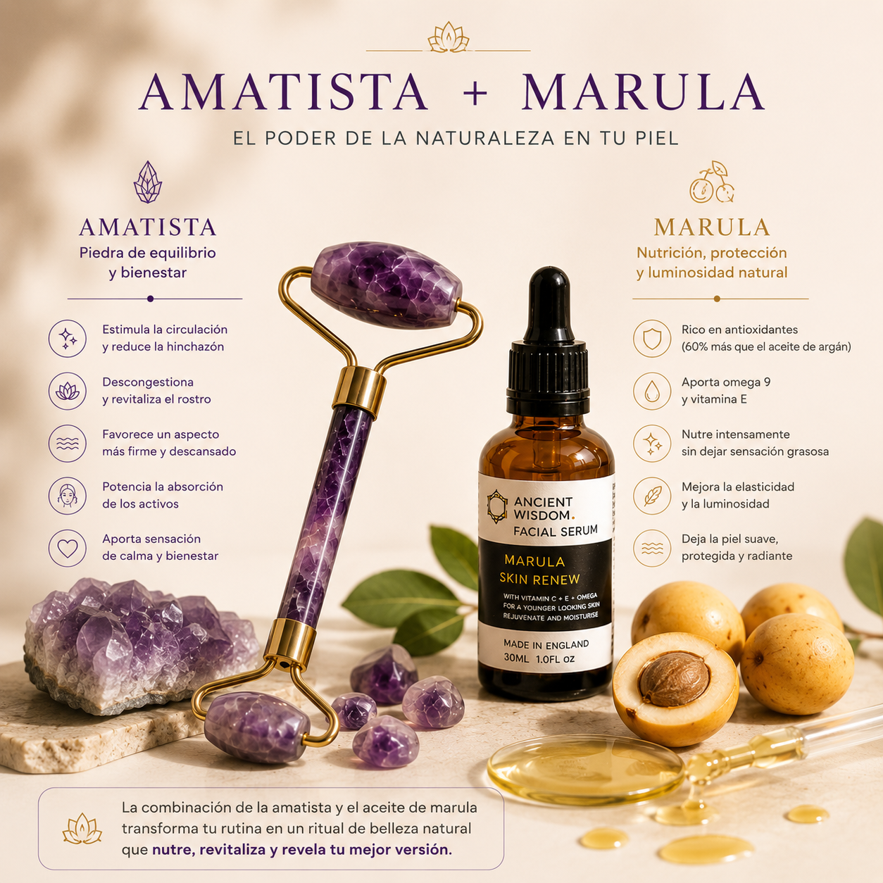 Pack Ritual Facial Amatista Glow · Rodillo + Sérum Aceite de Marula