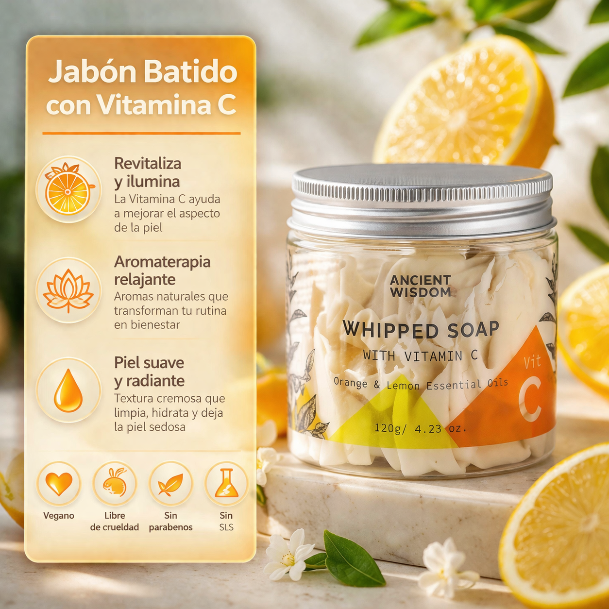 Jabón de Crema Batida Aromaterapia con Vitamina C – Piel Radiante y Energizada