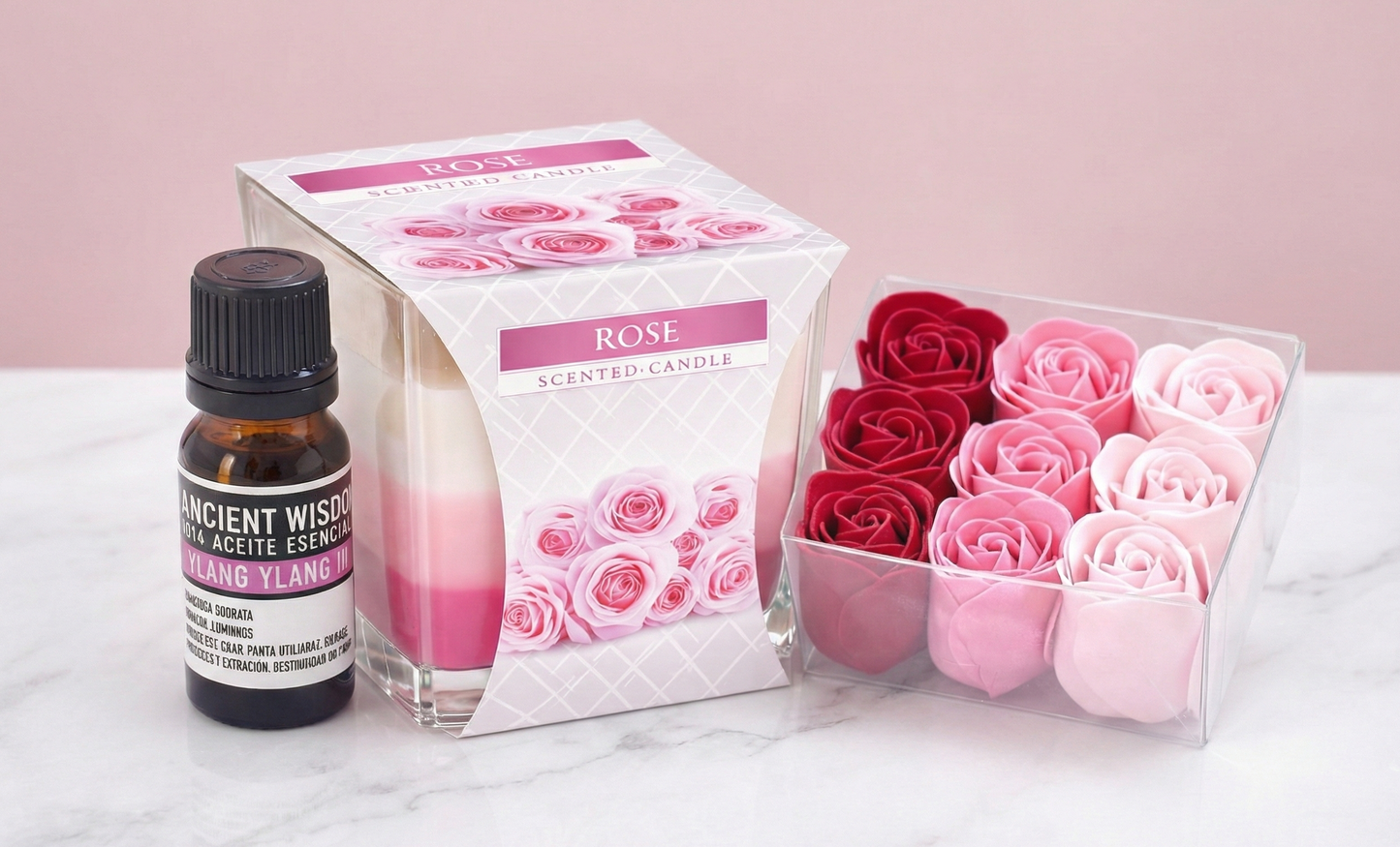 Ritual Amor Consciente | Kit Aromático con Aceite Esencial Ylang Ylang,Vela y Flores de Jabón.