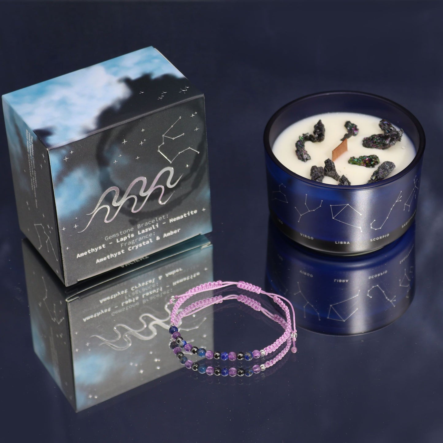 Vela de Cristal del Zodiaco con Pulsera de Piedras Preciosas Signo Aquario