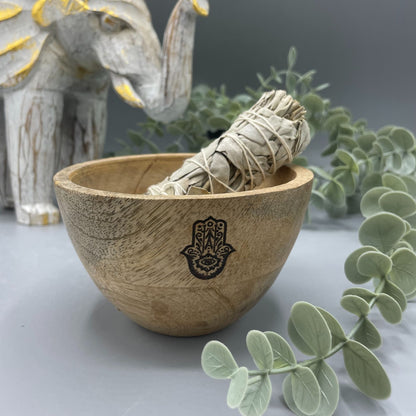 Cuenco de Madera para Ofrendas y Rituales Hamsa de 11x7cm