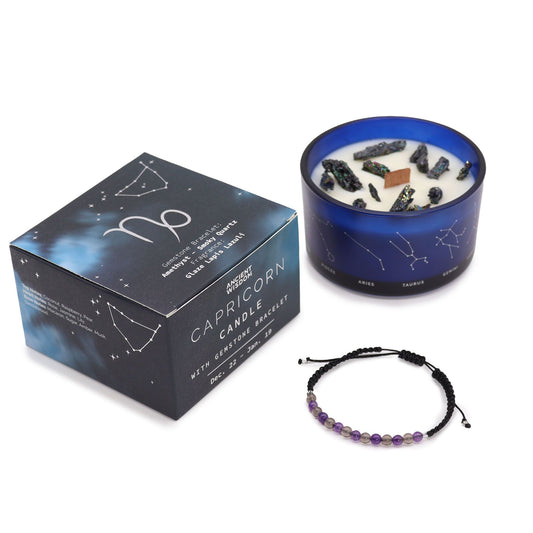 Vela de Cristal del Zodiaco con Pulsera de Piedras Preciosas - Signo Capricornio