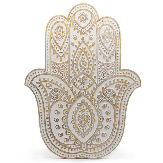 Placa de pared Mano de Hamsa en madera de Mango - Blanco