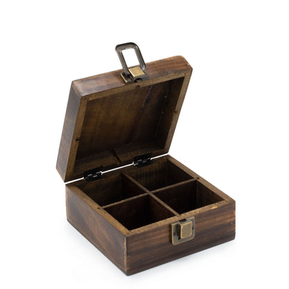 Caja de Té en Madera Tallada con 4 compartimentos
