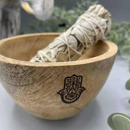 Cuenco de Madera para Ofrendas y Rituales Hamsa de 11x7cm