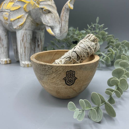 Cuenco de Madera para Ofrendas y Rituales Hamsa de 11x7cm