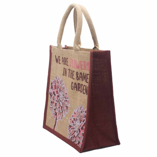 bolsa de yute estampada - Somos flores - Oliva, Rosa y Natural