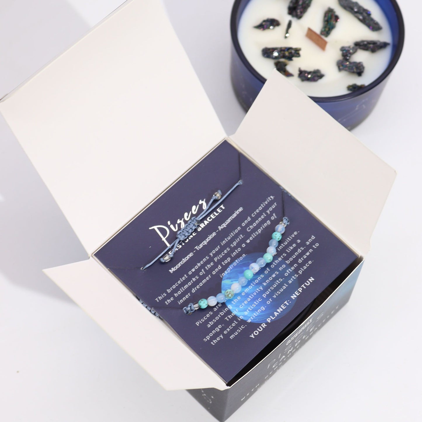 Vela de Cristal del Zodiaco con Pulsera de Piedras Preciosas Signo Piscis