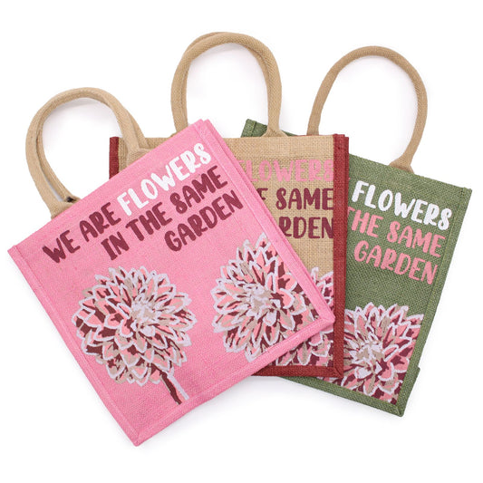 bolsa de yute estampada - Somos flores - Oliva, Rosa y Natural