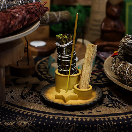 Soporte cerámico para Palo Santo e Incienso - Mandala - Arena y Gris