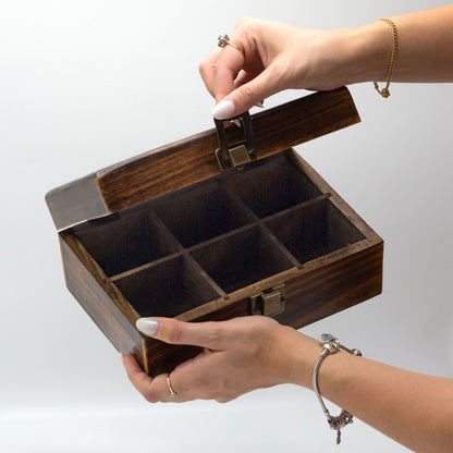Caja de Té en Madera Tallada de 9 compartimentos