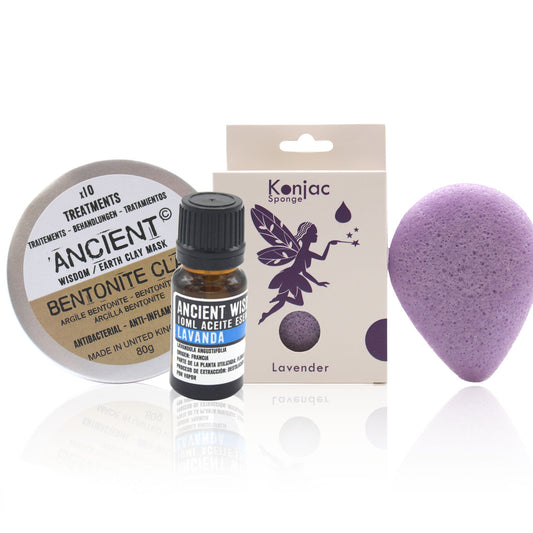 Pack Ritual Facial Calmante & Purificante (Arcilla Bentonita + Aceite Esencial de Lavanda + Esponja Konjac)