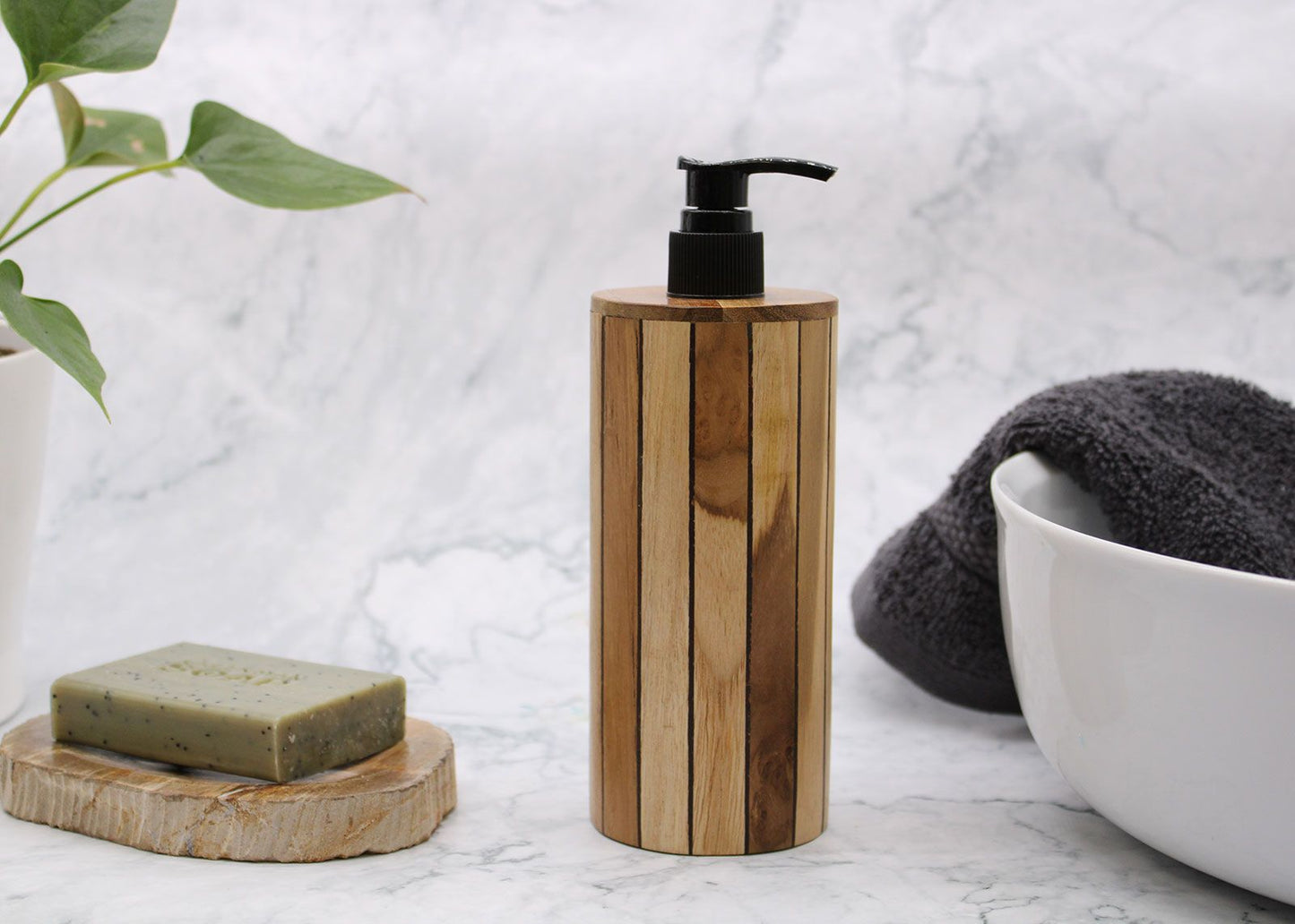 Dispensador de jabón de madera de teca natural - Redondo