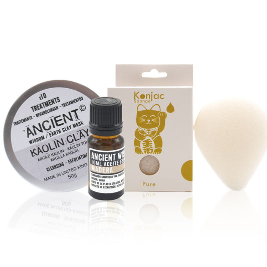 Esponja Konjac Natural, Arcilla KaolinClay y Aceite Esencial Madera