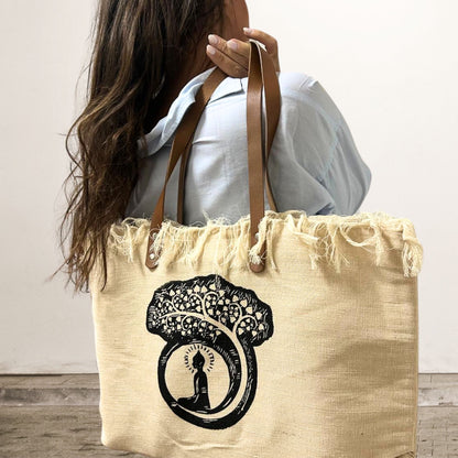Bolso de material Natural con asa de Piel