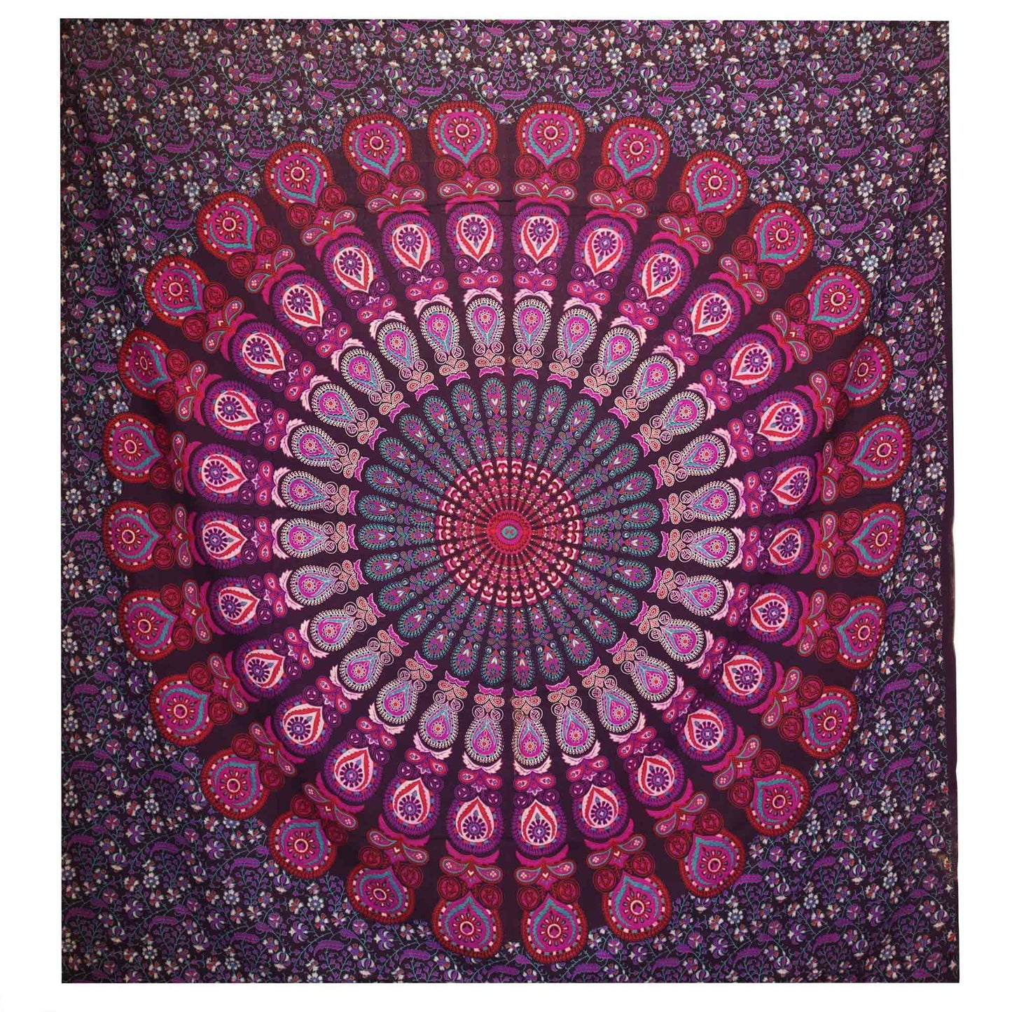 Colcha Doble de Algodón, Colgante de Pared con Pavo Real y Mandala Morado