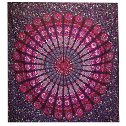 Colcha Doble de Algodón, Colgante de Pared con Pavo Real y Mandala Morado