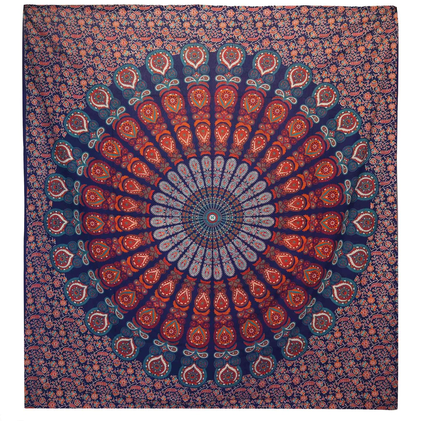 Colcha Doble de Algodón, Colgante de Pared con Pavo Real y Mandala Azul