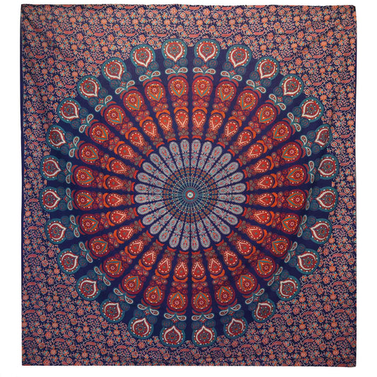 Colcha Doble de Algodón, Colgante de Pared con Pavo Real y Mandala Azul