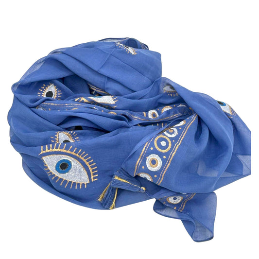 Colección Nómada Sari Mediterráneo - Pareo - Diseño del Ojo Maligno en Azul Rico y Dorado