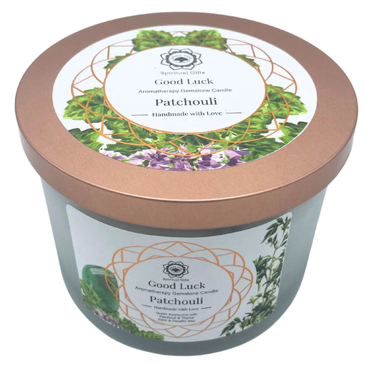 Vela de Pachulí y Piedra Aventurina Verde para La Buena Suerte