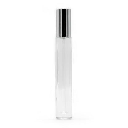 Botella redonda, alta y delgada de 10 ml, spray plateado y tapa
