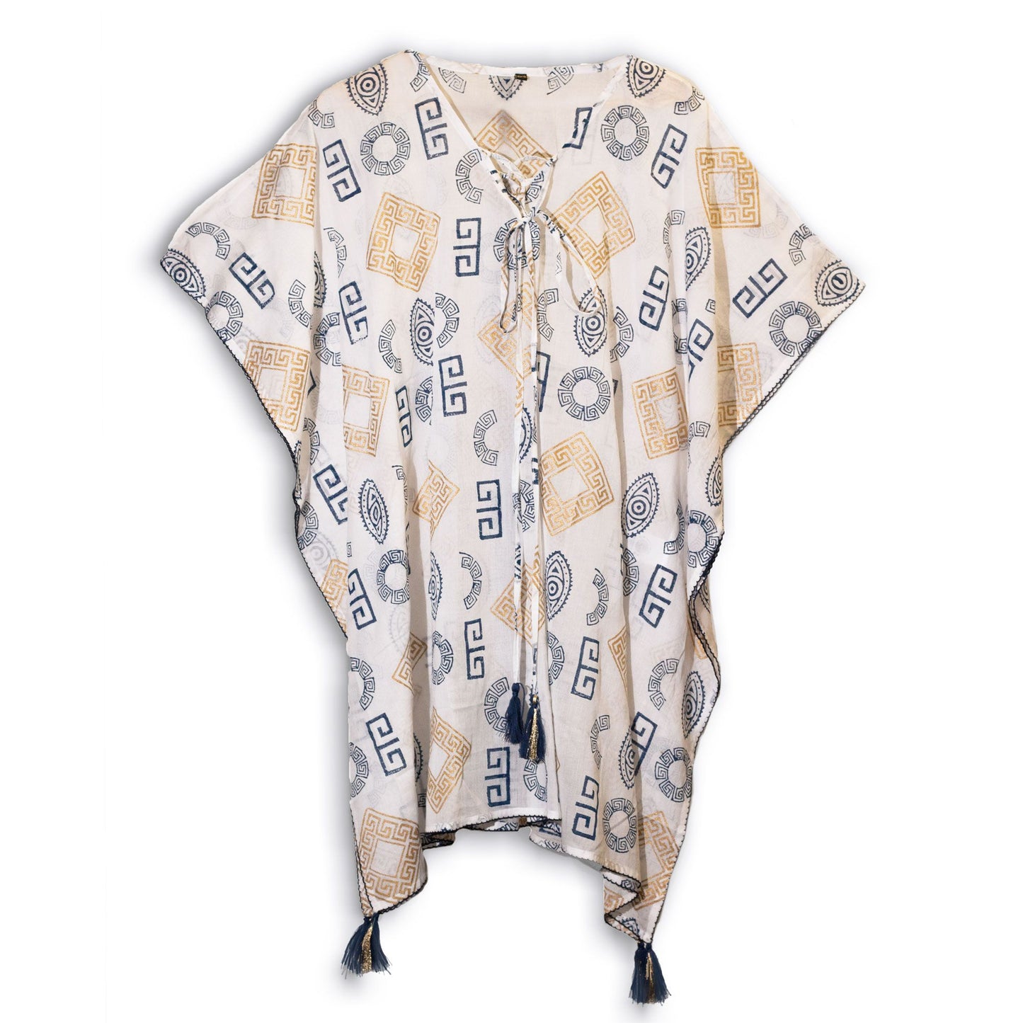 Colección Nómada Sari Mediterráneo - Kaftan - Motivo Griego en Oro y Azul - Pintado a Mano