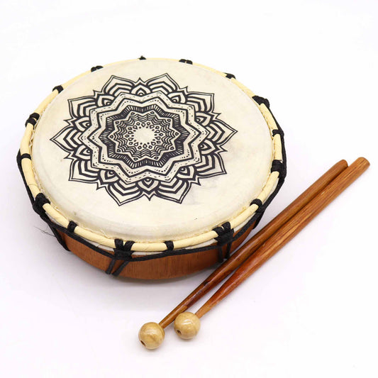 Tambor Chamánico de Madera con Mandala y 2 Baquetas de 20cms