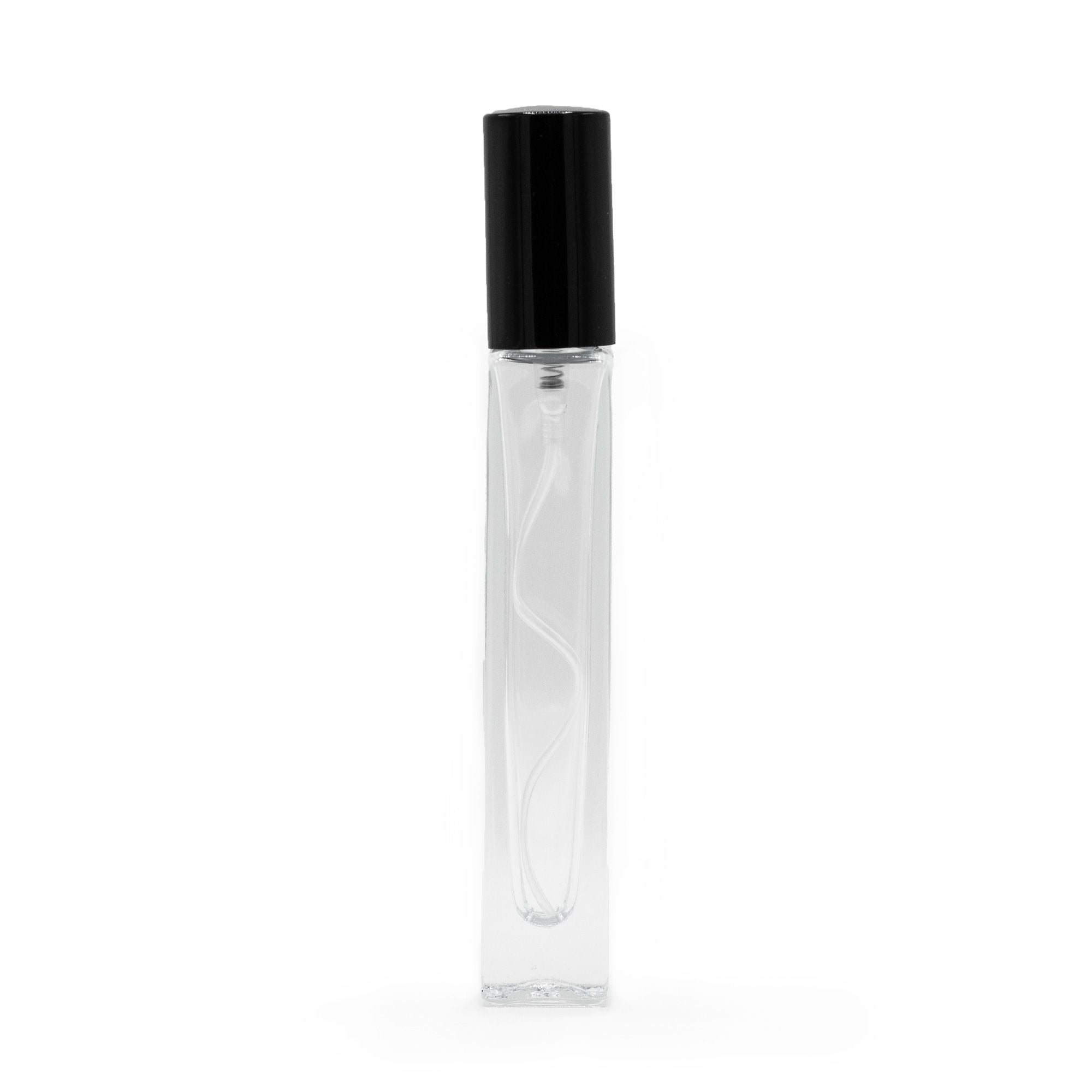 Botella cuadrada alta y delgada de 10 ml, spray y tapa negro