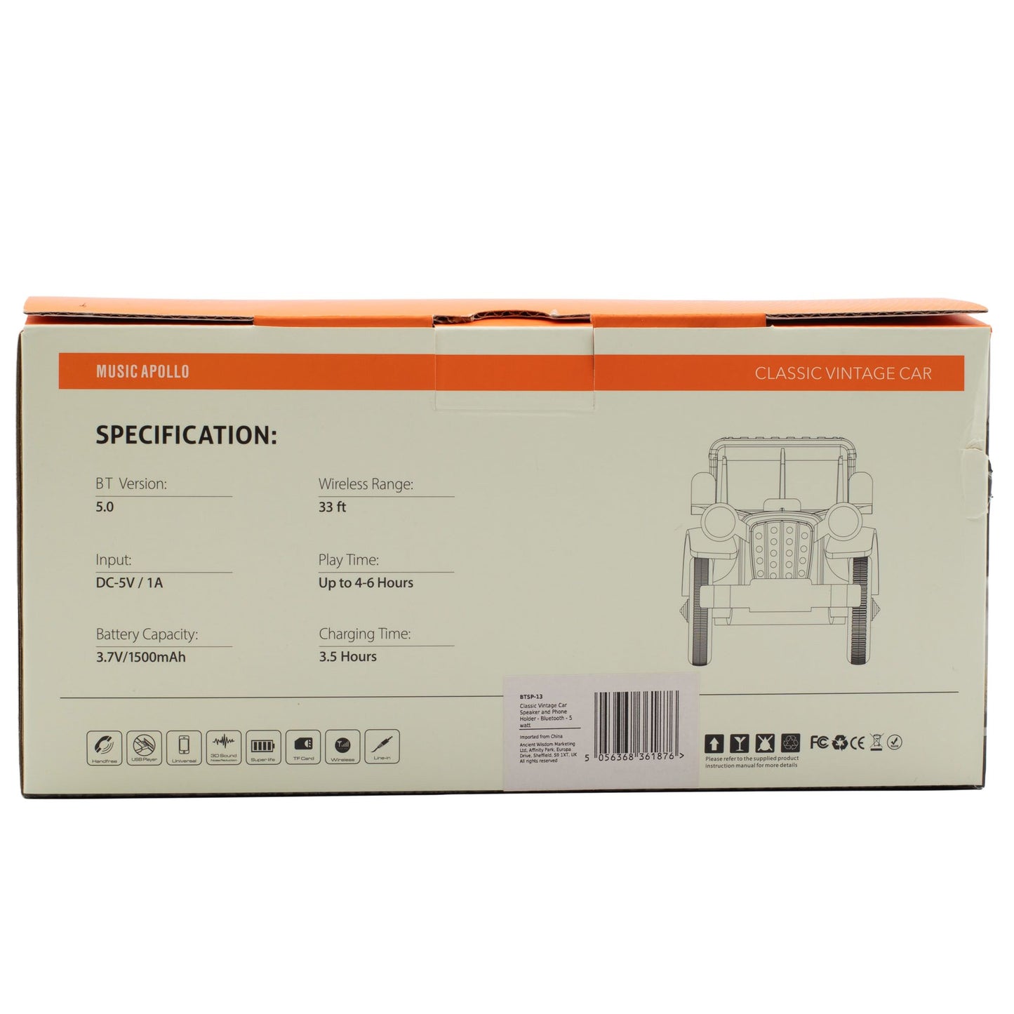 Altavoz clásico para coche vintage y soporte para teléfono - Bluetooth - 5 vatios
