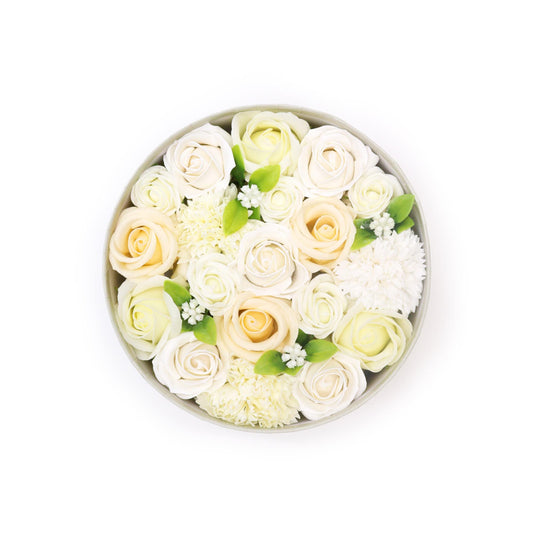 Caja Redonda - Bendiciones de Boda - Blanco y Marfil-Flores de Jabón